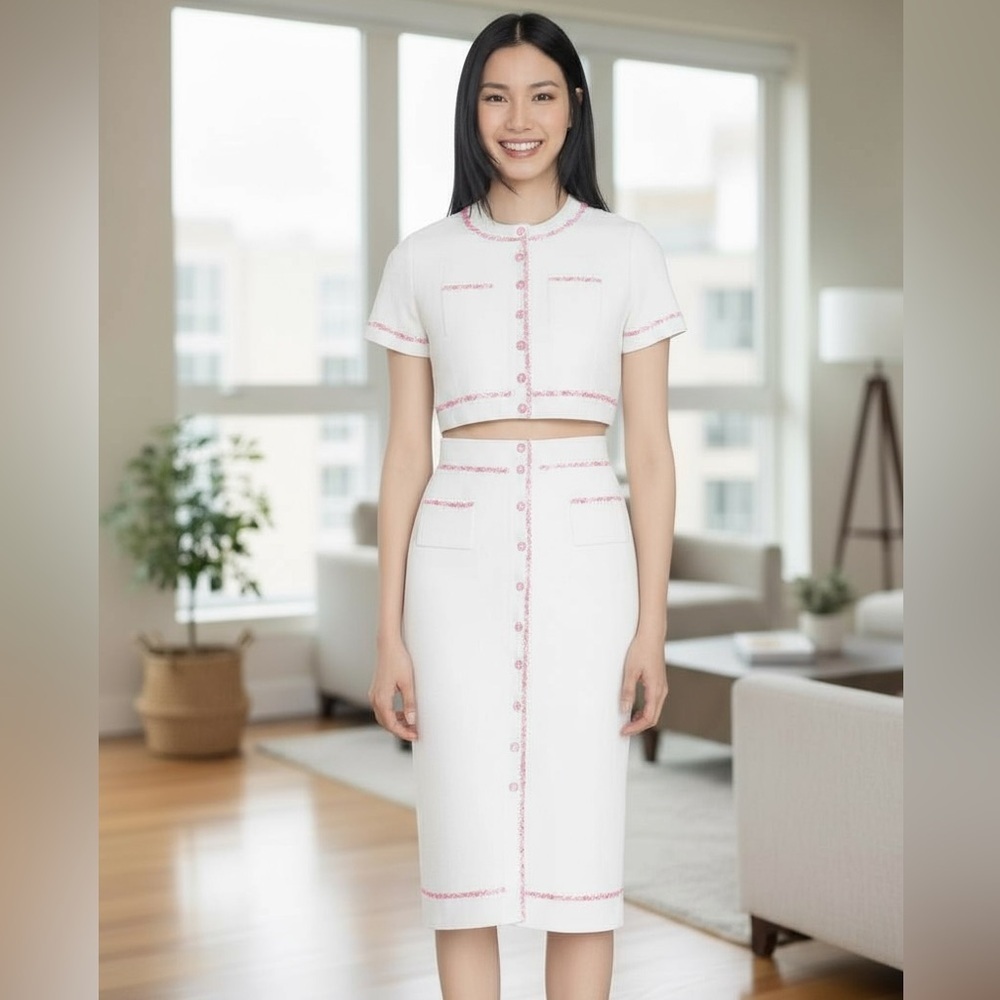 NWT! SANDRO Elsa Ecru Elegant White Skirt Suit Pink Rhinestone Trim Fits U.S. 8